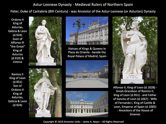 Statues in Madrid of Ordono II, Ramiro II & Alfonso V -
Kings of Asturias, Galicia & Leon