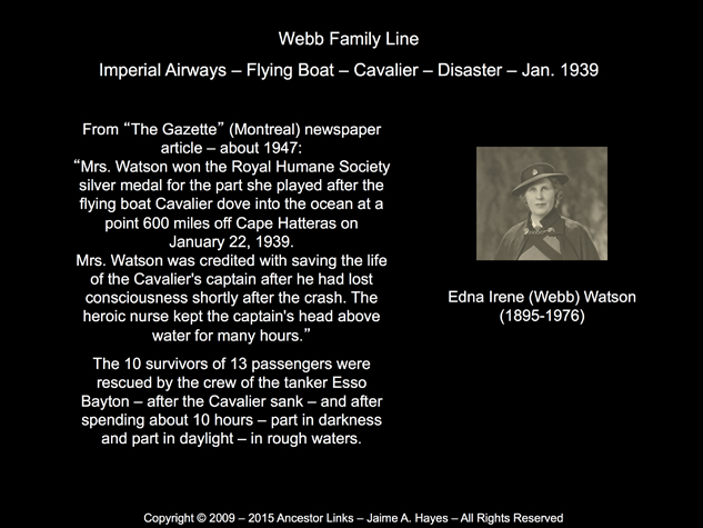 Edna Webb Watson - Cavalier Plane Crash 1930 - Atlantic Ocean